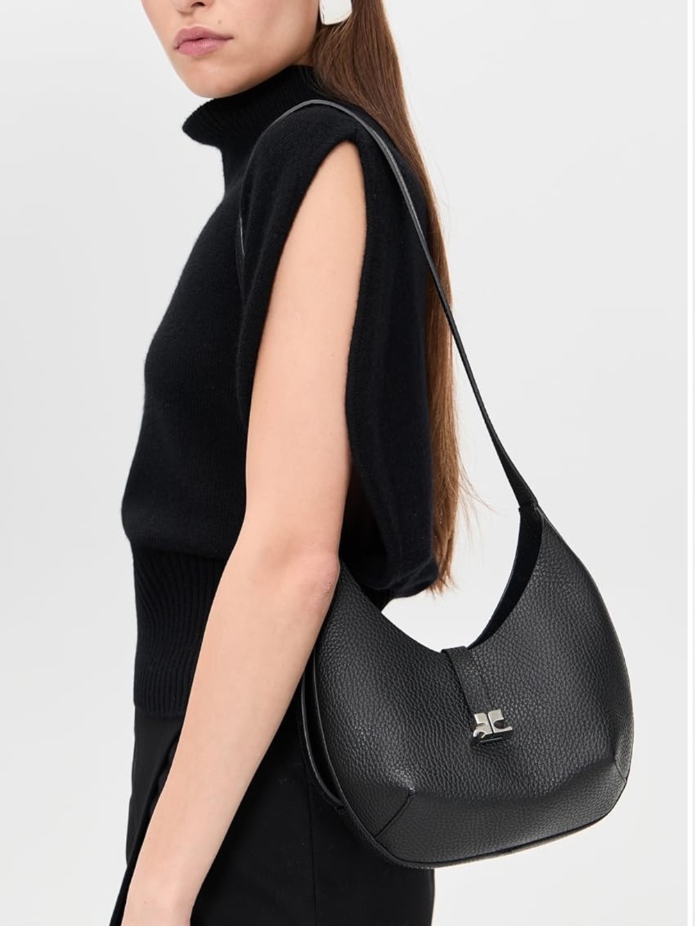 Courrèges Holy Small Black Grained Leather Hobo Bag w Silver Logo NWT